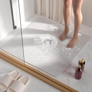 HITSLAM Square Shower Mat, 27 x 27 Inch Non Slip Bath Mat for Tub, Soft PVC Loofah Bathtub Mats with Drain Holes, Quick Drying Bathroom Stall Floor Mat, Bathroom Accessories Without Suction Cup, White