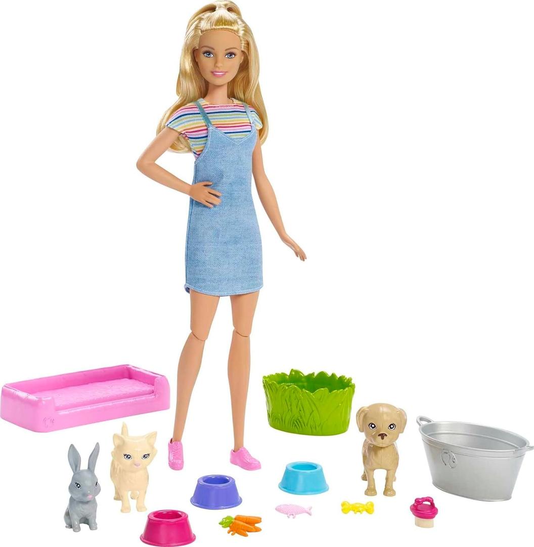 Barbie Play 'n Wash Pets Playset with 3 Color-Change Animals & 10 Toy Accessories, Blonde Fashion Doll with Blue Eyes