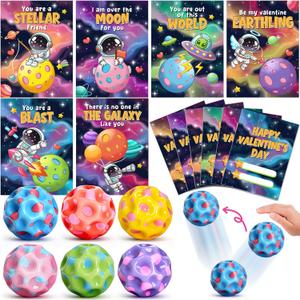 Jyusmile Valentines Day Cards for Kids School - 30 Packs Moon Bouncy Balls, Valentines Day Gifts for Kids, Valentine Party Favors for Classroom Prize Exchange, Goodies Bag Stuffers for Boys Girls