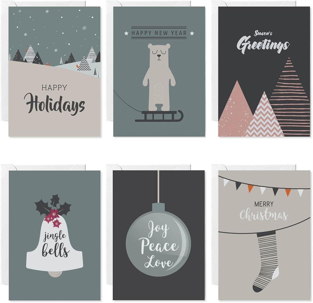 easykart labels 24 Christmas Greeting & Happy Holidays Cards with Envelopes Grey Theme Subtle Designs | 5.5 x 4 Inch For Friends, Family and loved Ones