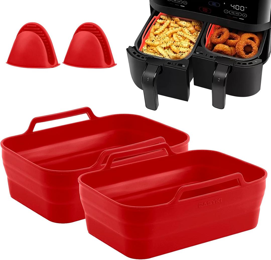 2pack Silicone Air Fryer Liners for 8QT & 10QT Ninja Air Fryer Foodi Dual, Reusable Silicone Air Fryer Basket for Ninja DZ550 DZ401 Air Fryer Accessories for Ninja (Red)