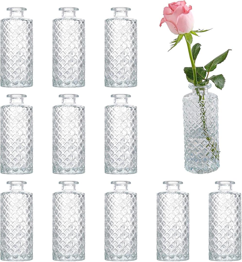 Glass Bud Vases Set of 12, Small Diamond Bud Vases in Bulk, Mini Flowers Vases for Centerpieces, Vintage Bottle for Table Decorations, Wedding Decor, Recepetion, Home (Clear)