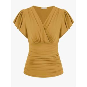 GRACE KARIN 2025 Womens Tops Summer Wrap Blouse V Neck Ruffle Sleeve Dressy Casual Top Ruched Trendy Clothes, Mustard Yellow, M