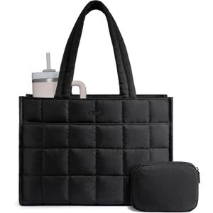 LOVEVOOK Tote Bag for Women, Puffer Work Handbag 15.6 Inch Laptop Purse for Nurse Teacher, Large Quilted Travel Tote Shoulder Bag with Zipper for College, Office, Clinical, Gym, Black