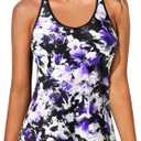 Yonique Womens Tankini Top Only Athletic Swim Top Modest Tankini Swimsuit No Bottom (Small, Purple Flowers)