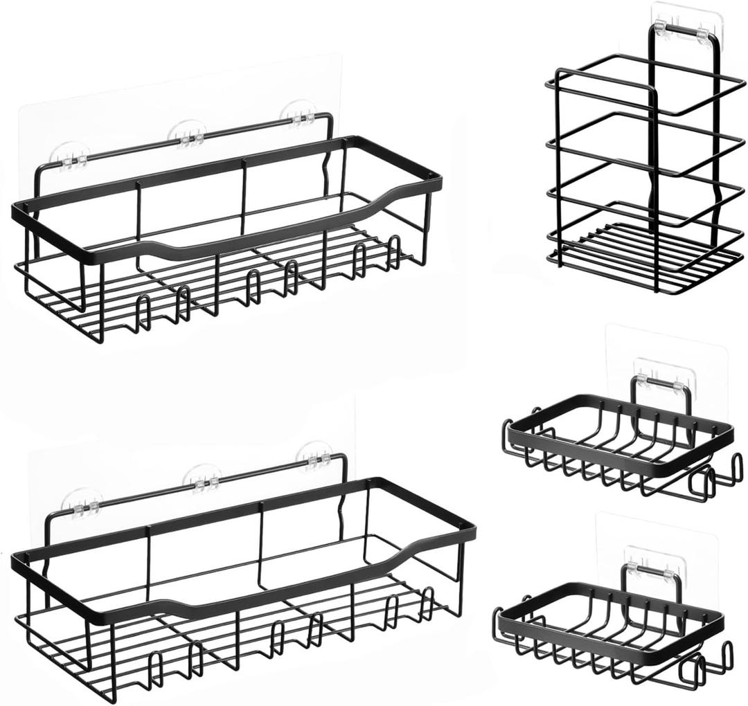 VEVOR Shower Caddy, 5 Pack Adhesive Bathroom Shower Storage Organization Shelves Rack Set, 40 lbs Large Weight Capacity, with Soap and Toothbrush Holder, No Drilling for Bathroom, Kitchen, RV/Camper