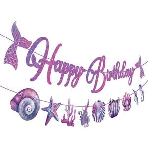 Hooqict Mermaid Happy Birthday Banner Garland Mermaid Party Banner Decorations for Girls 1st 2nd 3rd Under The Sea Themed Birthday Party Decorations Supplies