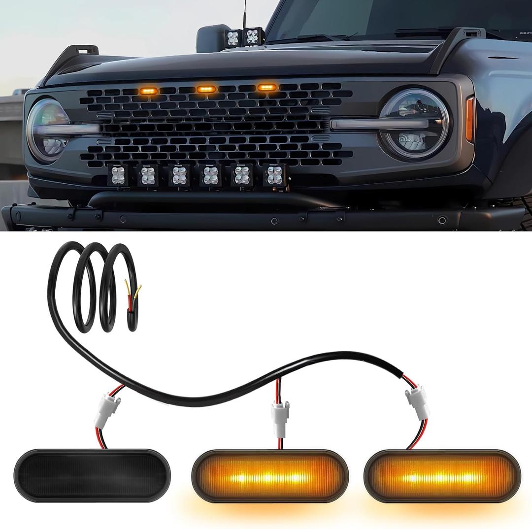 3-PCS LED Grill Lights for Ford Bronco 2021 2022 2023 2024 2/4-Door OEM Grille Lamps Kit Bronco Accessories Fit Badlands Wildtrak & Everglades (Smoked Black)