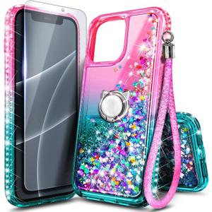 NGB Designed for iPhone 16 Pro-Max Case, Pink/Aqua | Glitter Liquid Sparkle Cute Cover for Women Girls Kids | with Tempered Glass Screen Protector & Ring Holder & Wrist Strap