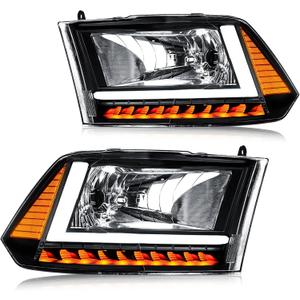 LED DRL Headlight Assembly, Fit 2009-2018 Dodge Ram 1500/10-18 Ram 2500 3500 4500 5500(Only fit factory dual beam halogen headlights, Additional H4 bulb required) Black Housing Amber Reflector