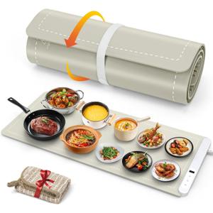 FYY Extra Large Warming Mat for Food - Rapid and Full Surface Heating, 6 Temp Settings, 6H Timer, Rollable Portable Food Warming Mat for Gatherings, Parties, Keep Meal Warm (XX Large Size, Khaki)