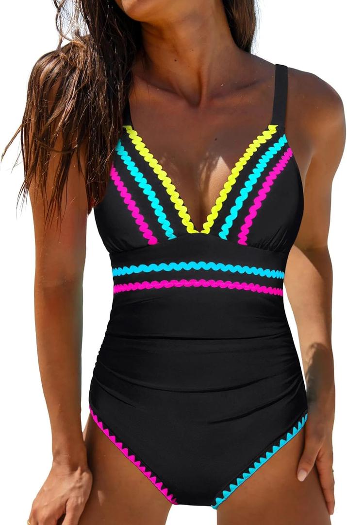 Popvil Womens Tummy Control One Piece Swimsuit 2026 Flattering Slimming Bathing Suit with Ruched Shapewear, Modest Swimwear, X-Large