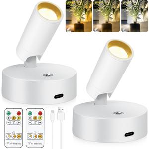 2 Pack Wireless LED Spot Lights Indoor Battery Operated with Remote, Rechargeable Up Lights Indoor with TimerDimmable, 3CCT Picture Lights for Wall, SpotLights Accent Uplighting for Plant -White