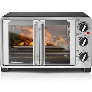 Elite Gourmet ETO2530M Double French Door Countertop Toaster Oven, Bake, Broil, Toast, Keep Warm, Fits 12" pizza, 25L capacity, Stainless Steel & Black, 6-slice, 25l