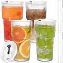 20oz Glass Cups with Lids and Straws,4PCS Ribbed Glass Tumbler with Straw and Lid,Reusable Iced Coffee Cups Drinking Glasses for Juice Whiskey Cocktail (EXP 07/14/26)