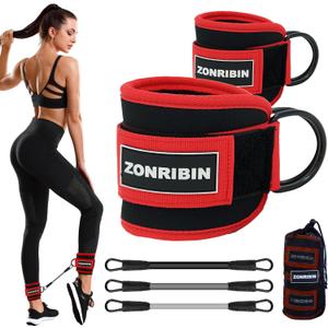 ZONRIBIN Ankle Resistance Bands with Cuffs - Glute Workouts: Kickbacks, Leg Extensions, Hip Abductors (Red, Ankle Strap)