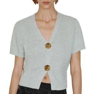 URBAN REVIVO Women's Cardigan Sweaters Short Sleeve V Neck Gold Button Down Cropped Knit Casual Summer Tops (Medium, Grey)