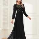 Women's Sequin Evening Dresses Long Sleeves Crewneck Floor Length Chiffon Formal Ball Gowns Dress (Medium, Black)