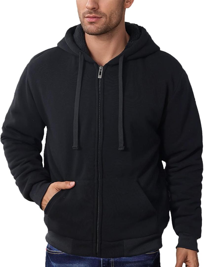 Hoodies for Men Winter Heavyweight Jacket Zip Up Sherpa Fleece Lined Sweatshirts Warm Coat (Large, Black)