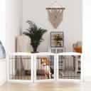PAWLAND Free Standing Dog Gates for The House Stairs Doorways Indoor Foldable Wooden Small White Puppy Pet Gate Step Over Fence 60" W 24" H 3 Panels