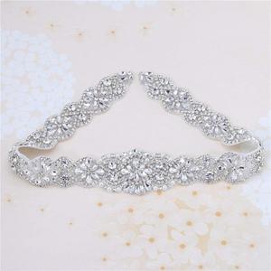 Bridal Rhinestone Appliques, FANGZHIDI 23.4 Inches Silver Beaded Patches with Sparkle Clear Crystal Stone and Pearls- Best for DIY on Wedding Dress, Sew on or Iron on Bridal Belt Sash, Wedding Cake (L23.4"*W2.0", FA-637)