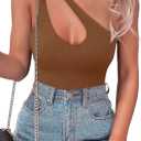SAUNGKUAI Women's Sexy One Shoulder Sleeveless Cutout Thong Bodysuit Tank Top Body Suits V Backless Tummy Control Shapewear (Brown)