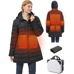 Graphene Heated Jacket for Women, Long Heated Coats for Women with Battery Pack 8 Heating Zones Detachable Hood (Small)