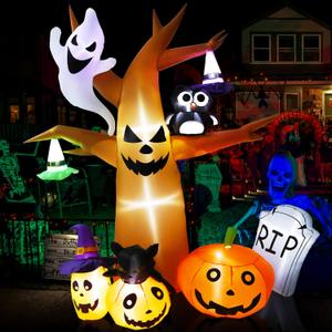 TCFUNDY 8 FT Tall Halloween Inflatable Scary Tree with Ghost, Pumpkin, Owl and Tombstone, Blow Up Inflatables with Build-in LEDs for Halloween Party Indoor, Outdoor, Yard, Garden, Lawn Decorations