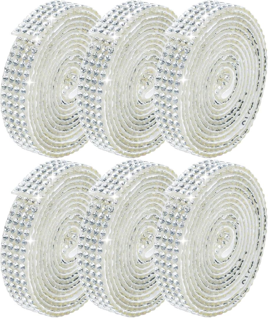 Abitoncc 6PCS Self-Adhesive Crystal Rhinestone Ribbon, Diamond Bling Ribbons Stickers 6-Rolls Bedazzling Strips, 6-Yard White Color for DIY Crafts, Wedding, Shoes, Phone Cases, Decoration