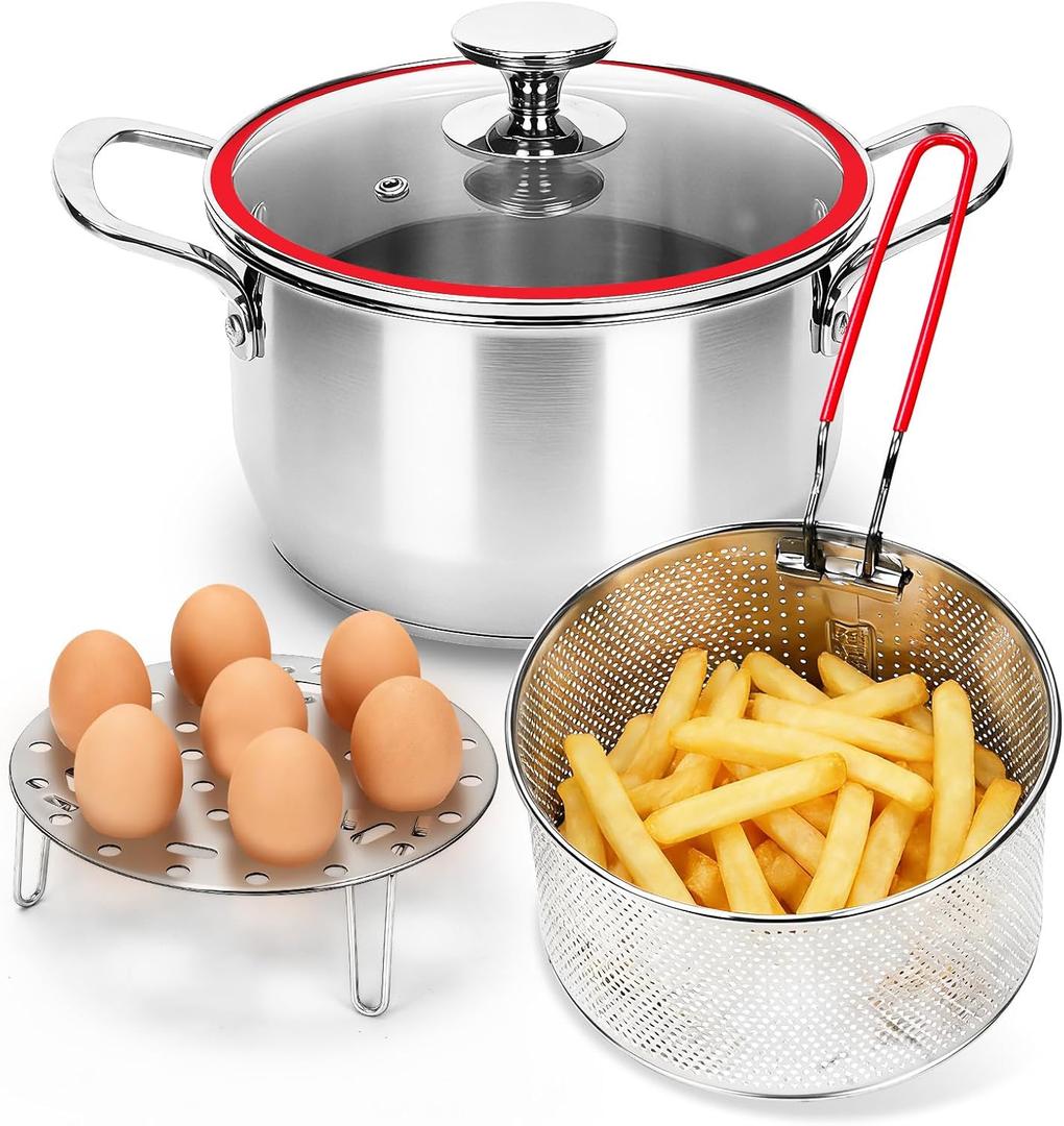 Deep Fryer Pot with Basket, Cooking Pot with Strainer Basket, 4.0L/4.2QT Multi-function Pot with Anti-scald Handle, Egg Steamer Rack & Lid, Stainless Steel Cookware for Home Kitchen Outdoor Camping
