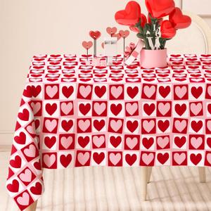 Valentine's Day Rectangle Tablecloth Red Pink Heart Fabric Table Cloth Washable Table Cover for Wedding Anniversary Holiday Picnic, 60 x 104 Inch