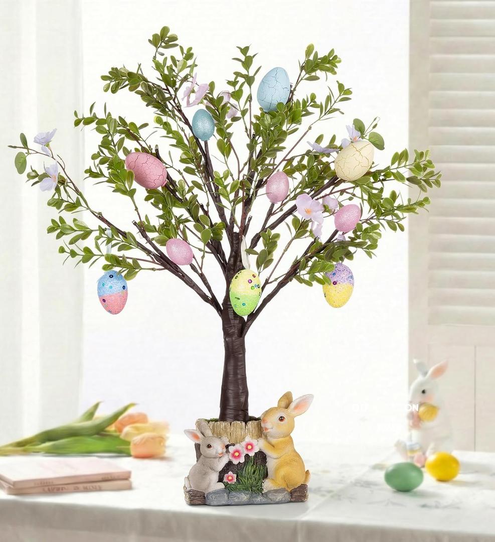 MISF 26In Pre-Lit Easter Tree with Lights, 24 LED Battery Operated Easter Egg Tree Decor with Timer, Artificial Tree with Cherry Blossoms, Colorful Eggs & Resin Bunny Base for Tabletop Spring Decor