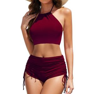 Women High Waisted Shorts Bikini Sets Tummy Control Swimsuit Two Piece Halter Drawstring Bathing Suit, Large