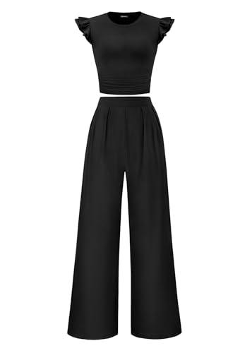 KIRUNDO Owo Piece Sets For Women Dressy 2026 Summer Cap Sleeve Wide Leg Pants Spring M Black