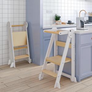 Foldable Toddler Standing Tower, Height Adjustable Kitchen Tower with Safety Rails and Anti-Slip Device, Wooden Kids Kitchen Stool Helper for Ages 18 Months to 6 Years - White