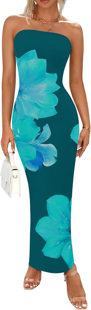 PRETTYGARDEN Women Summer Strapless Maxi Dress Bodycon Floral Sexy Long Wedding Guest Dress Formal Tube Mesh Cocktail Dresses (Green, L)