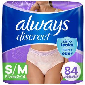 Always Discreet Adult Incontinence Underwear for Women and Postpartum Underwear, Small/Medium, Up to 100% Bladder Leak Protection, 84 Count (2 Packs of 42)