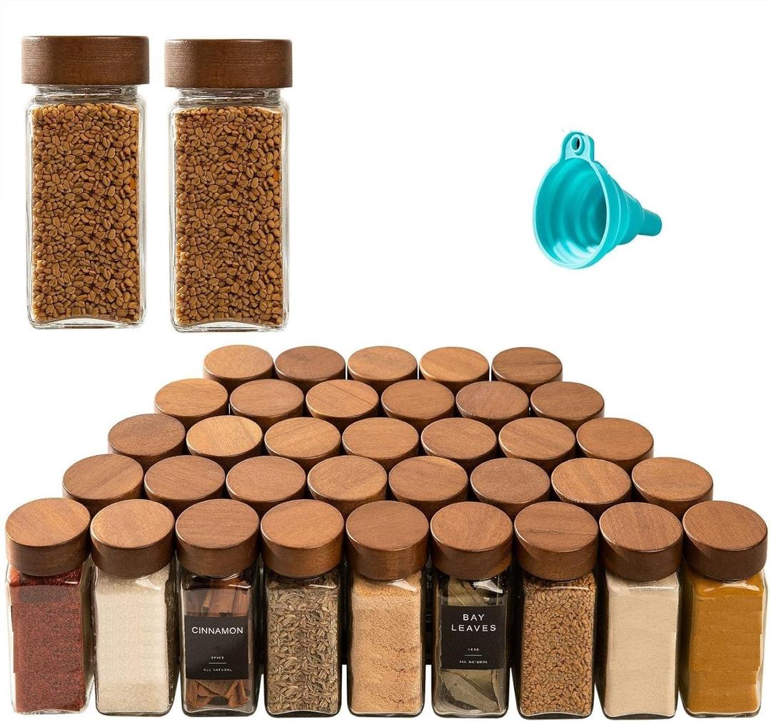 PATZY Patzy100 ML | Glass Spice Jars with Brown wooden Lids,Spices & Seasonings Sets Organizer Spice Containers, Airtight Food Canisters (10)