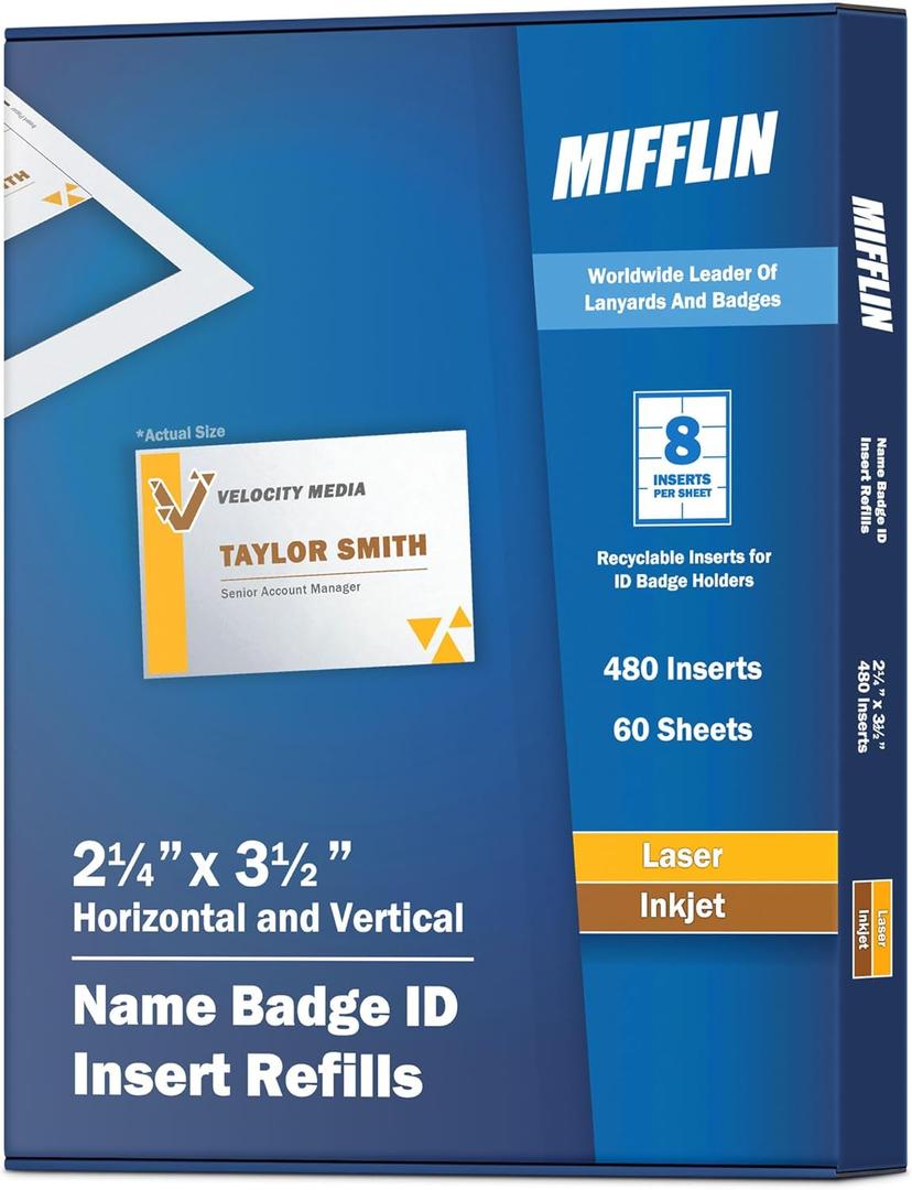 Mifflin Name Badge Refills 2.25"x3.5" (480 Cards, 60 Sheets) - Printable Name Tags - Customizable Blank Name Badge Inserts for Laser & Inkjet Printers - Personalized ID Labels