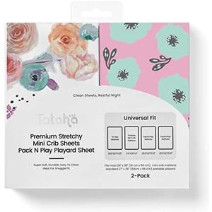 TotAha Premium Stretchy Pack N Play Playard Sheets | Mini Crib Sheets (2-Pack) -Hypoallergenic, Silky Comfort, Buttery Soft, Calming Effect, All-Season Jersey-Knit (Colorful Flora & Blue Flowers)