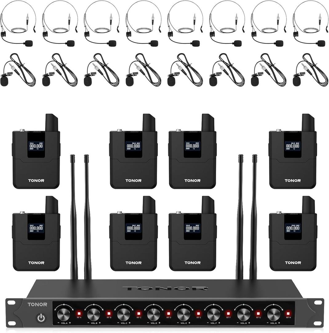 TONOR Wireless Microphones System with 8x12 Channels Headset/Lavalier Lapel Mics, Bodypack Transmitter, Receiver, 295ft UHF Range for Church Conference Performance Singing Karaoke PA Speaker Mixer