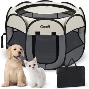Goozii Pet Cat Playpen for Indoor Cats Enclosed, Puppy Dog Play Pen for Outdoor Travel Camping (Small Size, Beige & Dark Grey)