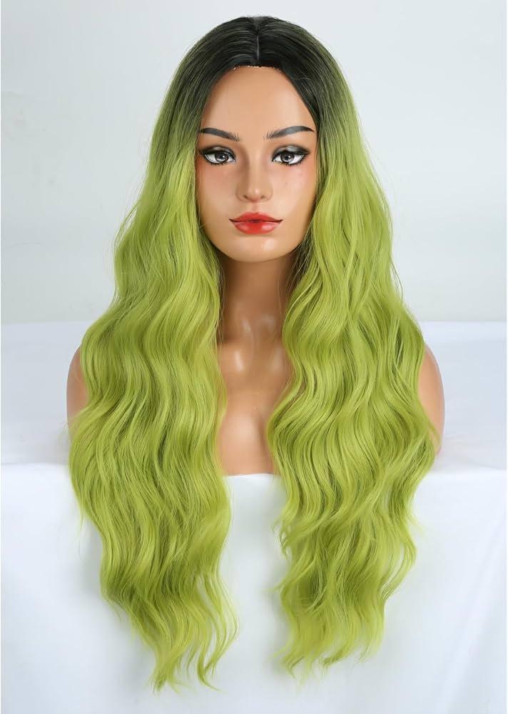 Angzon Ombre Green Wig Short Curly Wavy with Dark Root for Women Middle Part Heat Resistant Synthetic Wigs for Halloween Cosplay Costume Daily Party