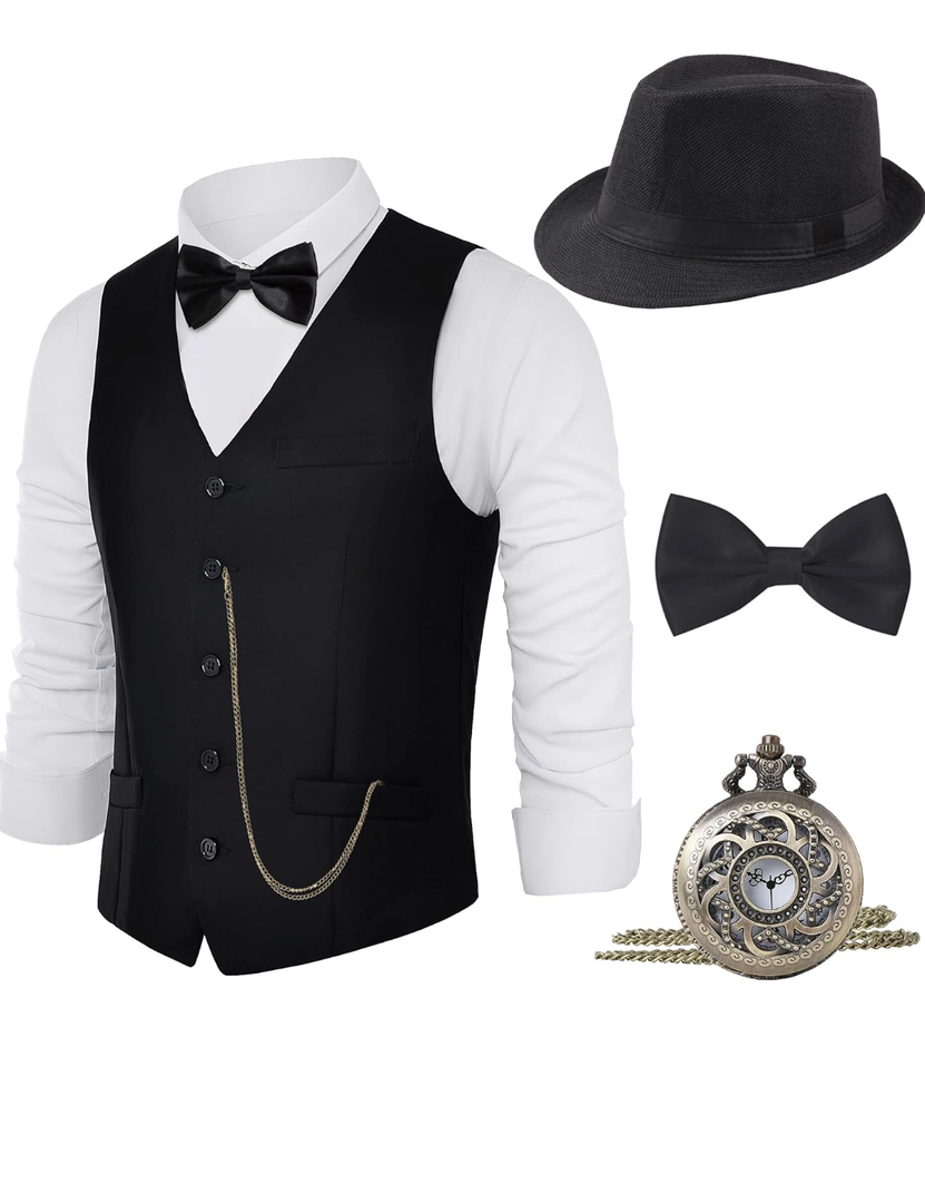 BABEYOND 1920s Mens Costume, Gatsby Gangster Costume Accessories Set For Men Vintage Vest Bowtie Pocket Watch Armbands