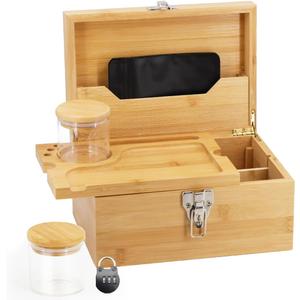 Large Bamboo Box with Combination Lock - Decorative Locking Box with Detachable Compartment, Removable Tray, Jars, Resealable Bags - Great Holidays Gifts (Burlywood)