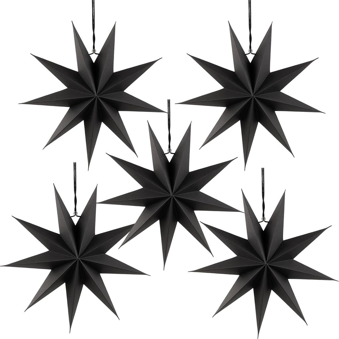 SUNBEAUTY 5 Pcs 9-Pointed Black Paper Star Lanterns 12 Inch Hanging Lamp Black Paper Funeral Decorations Christmas Birthday Home Holiday Party Decorations