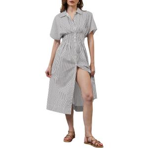calbatic Women Striped Button Down Pleated Shirt Dress Summer Short Sleeve Ruffle A Line Swing Long Blouse Midi Long Dress (XL)