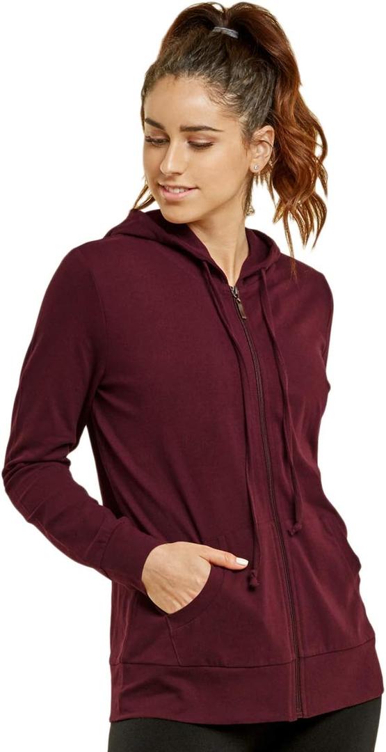 Sofra Women's Thin Cotton Zip Up Hoodie Jacket (Large, Burgundy)