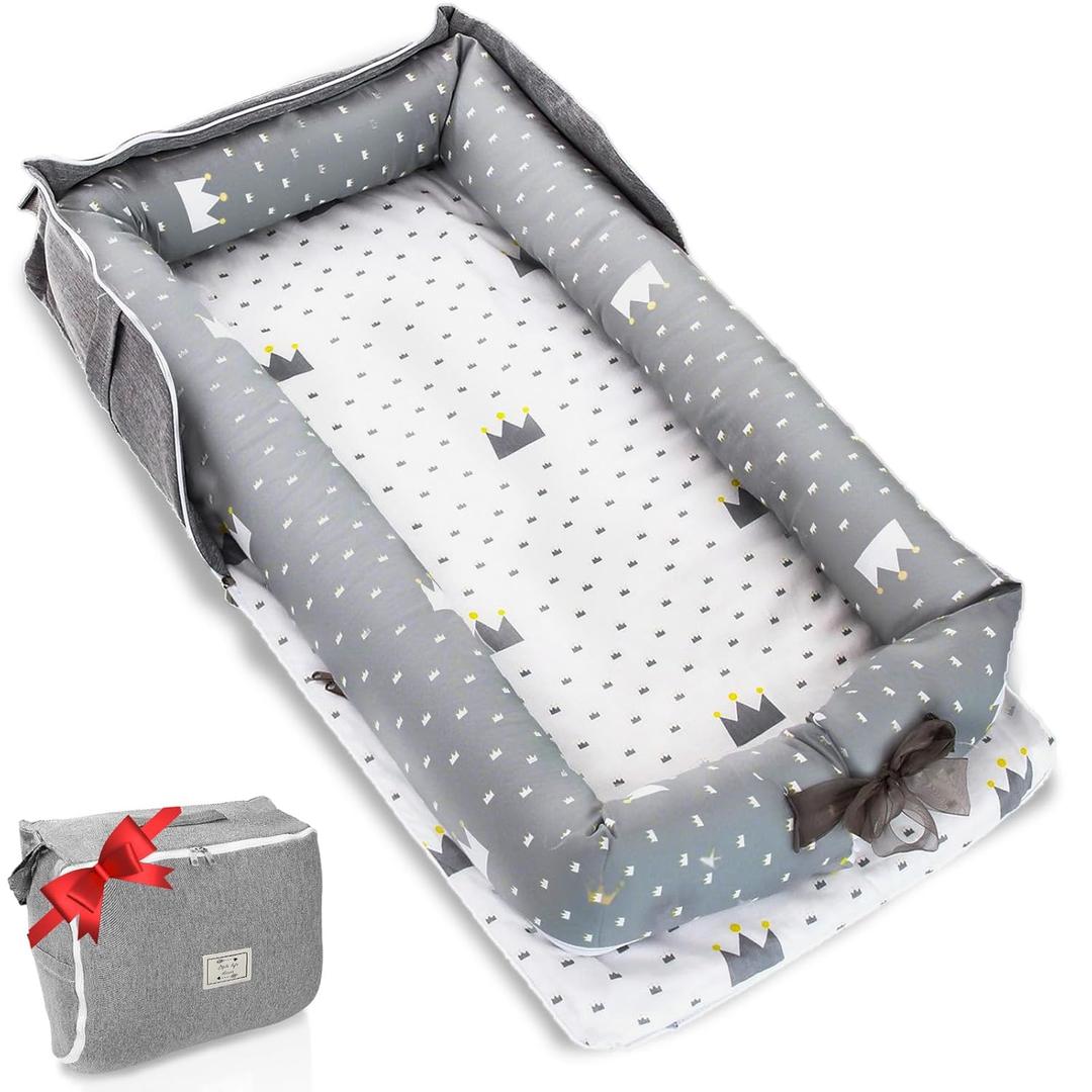 Baby Lounger for Newborn to Toddler 0-24 Months - Portable Infant Lounger with Breathable Cotton, Adjustable Size & Lengthen Space Travel Strap for Home, Outdoor (1. Crown)