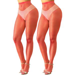 2 Pairs Womens Fishnet Stockings High Waist Tights Fishnets Fishnet Tights for Women (One Size, Red)